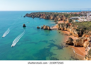 Aerial from rock formations near Lagos in Portugal