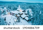 Aerial Santa Claus Holiday Village in Rovaniemi, Lapland during Winter