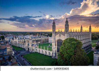 Aerial scenery of Cambridge city in England during sunset