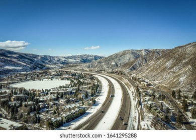 Aerial scenic highway I-70 heading to Aspen during winter - Shutterstock ID 1641295288