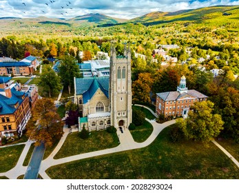 Aerial Scenic Shot Of A Cathedral By Williams College In Massachusetts.