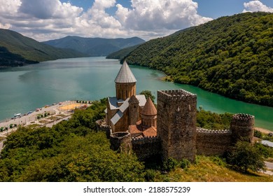 Aerial scenic view of Ananuri Fortress Complex on the Aragvi River in Georgia. The castle was the scene of numerous battles - Shutterstock ID 2188575239