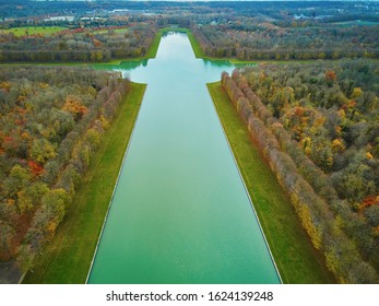 Aerial Scenic View Of Grand Canal In The Gardens Of Versailles Near Paris, France