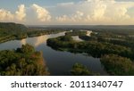 Aerial scenic view of Mississippi river, bluffs at sunset. Minnesota Wisconsin border