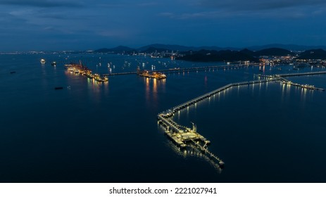 Aerial Seascape View And Oil And Gas Pipeline Bridge Stretched Through The Sea At Twilight In Thailand,
