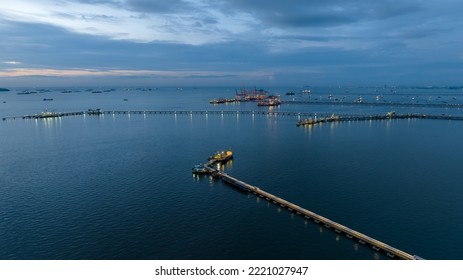 Aerial Seascape View And Oil And Gas Pipeline Bridge Stretched Through The Sea At Twilight In Thailand,
