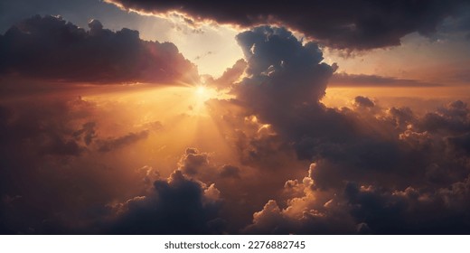 An aerial shot above beautiful sunset clouds with sun shining on horizon, detailed picturesque view, amazing photo of cloudscape with beautiful light rays. - Powered by Shutterstock