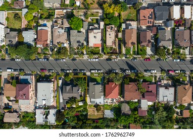 Aerial Shot From Above Of Los Angeles Neighborhood During A Summer Day In California