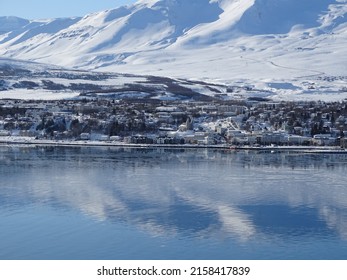 An Aerial Shot Of Akureyri Sea In Winter In Iceland