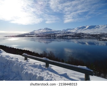 An Aerial Shot Of Akureyri Sea In Winter In Iceland