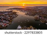 An aerial shot of Annapolis harbor and Chesapeake Bay at sunset.