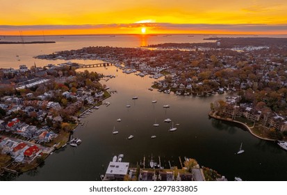 An aerial shot of Annapolis harbor and Chesapeake Bay at sunset. - Shutterstock ID 2297833805