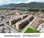 An aerial shot of apartment building complex at an urban landscape in Chia, Cundinamarca, Colombia