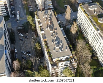 An Aerial Shot Of Apartment Buildings In An Upscale Neighborhood Of Geneva Called Champel