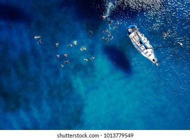 Aerial shot of beautiful blue lagoon at hot summer day with sailing boat. Top view of people are swimming around the boat. - Powered by Shutterstock