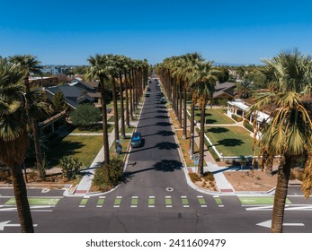 An aerial shot of Californian palms with an empty road. Palm trees and desert mountain in Palm Springs, California. - Powered by Shutterstock