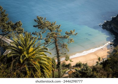 Aerial shot captures Lastres beach, turquoise waters, palm trees, warm tones. - Powered by Shutterstock