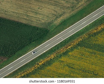 Aerial Shot Of Car On The Road From Drone Point Of View