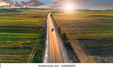 Aerial Shot Of Car On The Road From Drone Point Of View