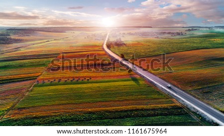 Similar – Image, Stock Photo Summer nature landscape aerial panorama. Foggy morning