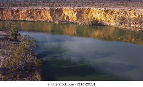 Aerial Shot, Facing Downstream, Of Cliffs At Big Bend On The Murray River In South Australia