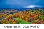 Aerial shot of fall foliage somewhere near Jeffersonville, New York, USA