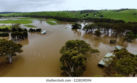 Aerial Shot Of A Flooded Rural Town In Victoria, Australia.