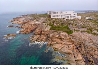 Aerial Shot Of The Fogo Island Inn On A Foggy Day.