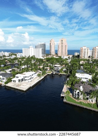 Aerial shot of Fort Lauderdale and canals with boats, Magical view on the river
