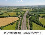 Aerial shot free running M5 motorway rural Somerset