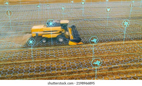 Aerial Shot: Harvester Working On Field. Visualization Of The Crops Growing Efficiency With AI Data Analysis Icons. Futuristic Agriculture Concept Of Computerized, Eco, Sustainable Way Of Harvesting