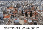 Aerial shot of Komotini town square and the historic clock tower in the middle