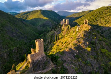 Aerial shot Lastours medieval castle ruins built by the Cathars in the Aude department, France