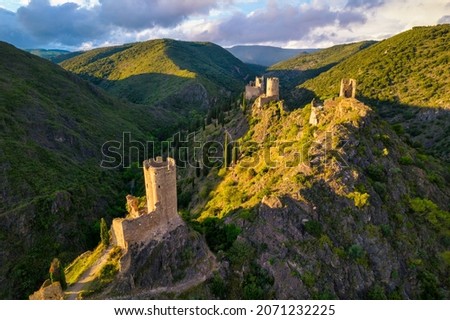 Aerial shot Lastours medieval castle ruins built by the Cathars in the Aude department, France