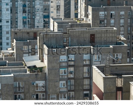 Aerial Shot of Living Discrict in Belgrade, Serbia. Brutalist Typical Socialist multi flat Buildings, Block 23, block 62