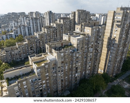 Aerial Shot of Living Discrict in Belgrade, Serbia. Brutalist Typical Socialist multi flat Buildings, Block 23, block 62