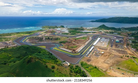 Aerial shot of Mandalika International Circuit with beautiful background of Kuta beach Lombok