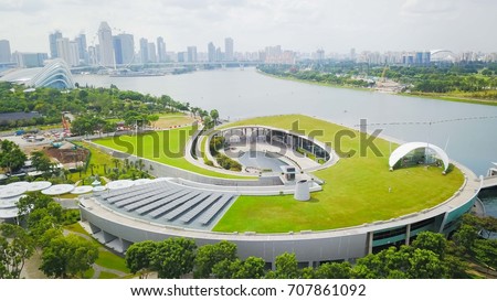 Aerial shot of the Marina Barrage during sunny day, Singapore 