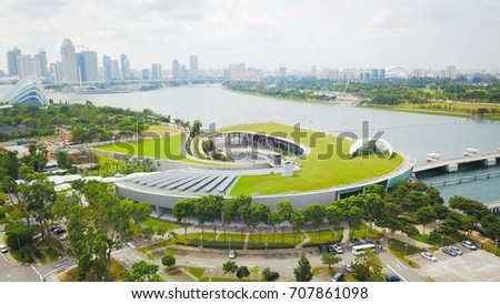 Aerial shot of the Marina Barrage during sunny day, Singapore 