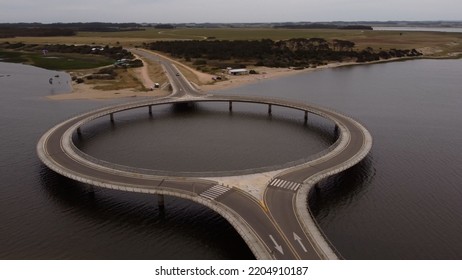 Aerial Shot Of Modern Circular Bridge Connecting Maldonado And Rocha,Uruguay