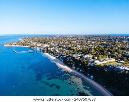 An aerial shot of Mornington Peninsula around the town of Portsea and Port Phillip Bay in Victoria, Australia