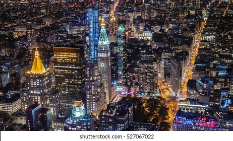 aerial shot of new york city, Manhattan business district. Metropolis urban background.