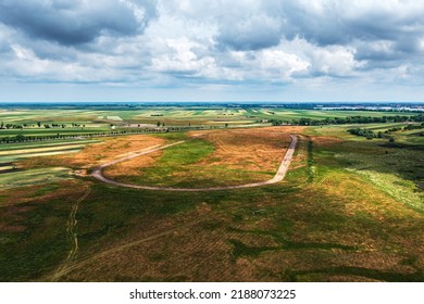 Aerial Shot Of Old Abandoned Horse Race Track In Plain Landscape, Drone Pov High Angle View