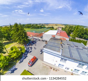 Aerial shot of outdoor motorcycle show. Poland
