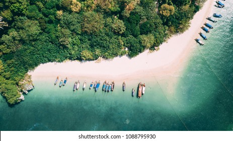 Aerial Shot Of Phra Nang Beach In Thailand With Long Tail Boats