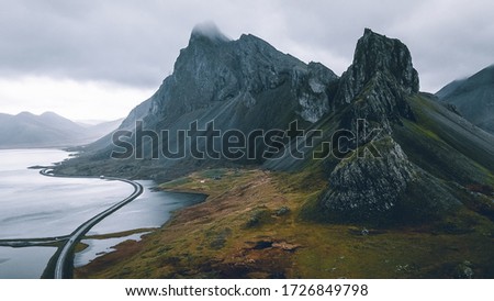 Aerial shot of the scenic mountains. Picture taken on a trip from the  magnificent Iceland.