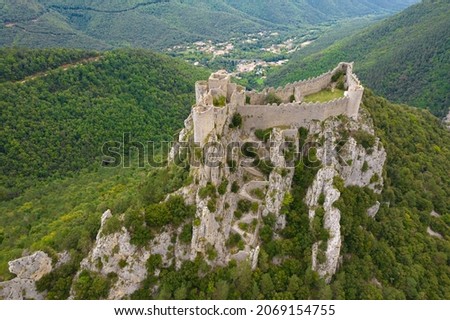 Aerial shot showing the Medieval Puilaurens castle in Pyrénées mountains, France