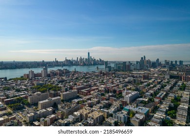 An Aerial Shot Showing Views Of Hoboken To Downtown Manhattan NYC