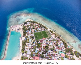 Aerial Shot Of Soccer Pitch On Mahibadhoo Island, Maldives