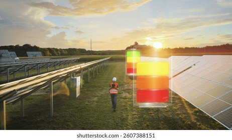 Aerial shot of a solar panel technician checking data on his tablet at sunset, with a 3D graphic overlay of battery icons